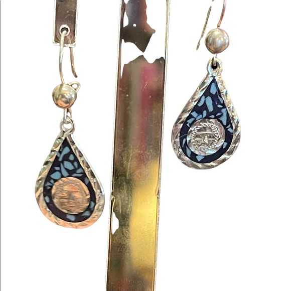 Vintage Sterling Mexico stone inlay Mayan Symbol Fancy dangle earrings - Picture 2 of 4